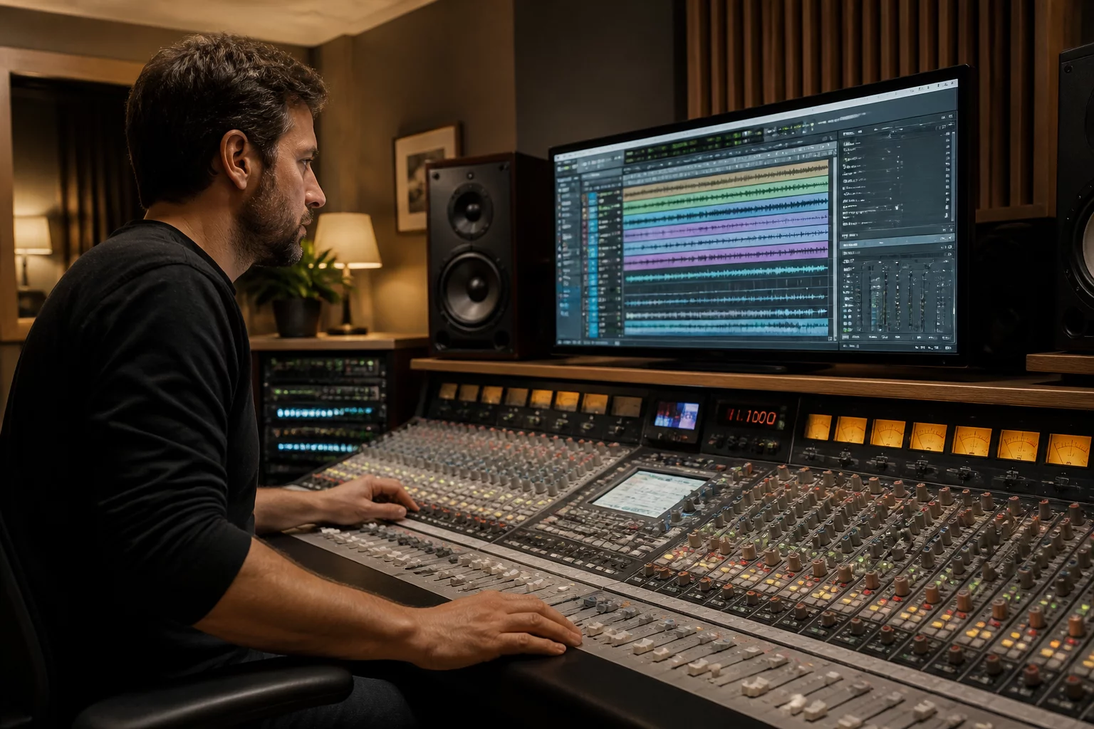 Sound engineer structuring high-density audio track groups in a digital audio workstation
