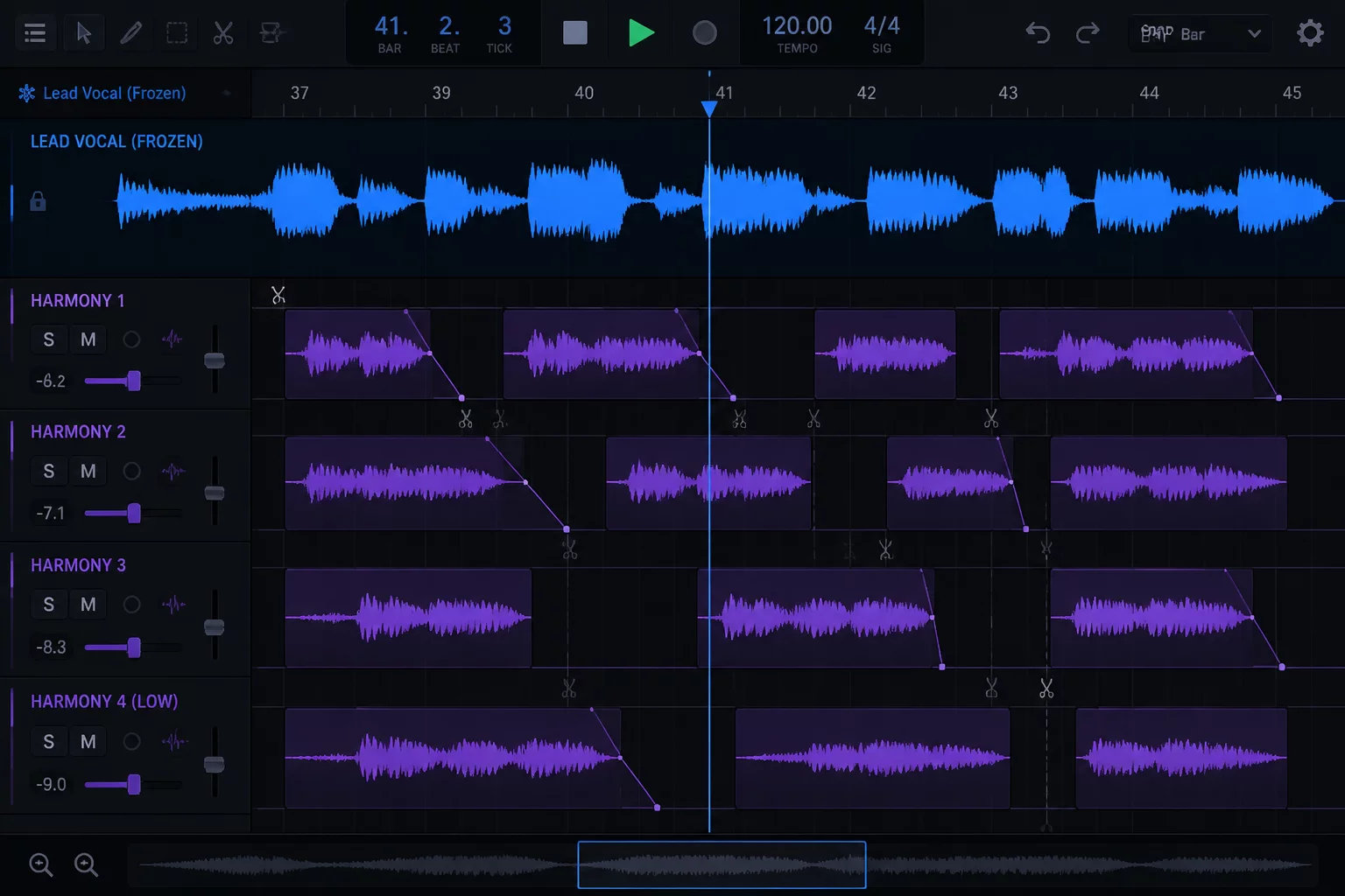 Keep the Lead Vocal Visible While Editing Harmonies