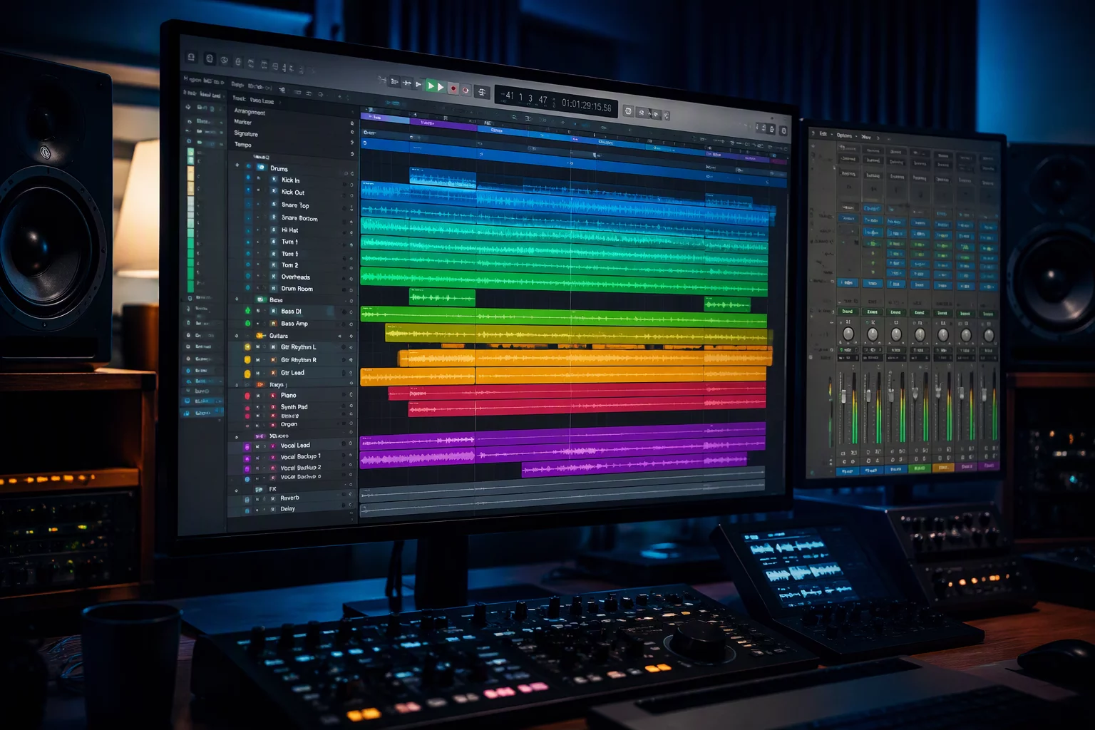 Large Pro Tools session with folder tracks and pinned reference tracks