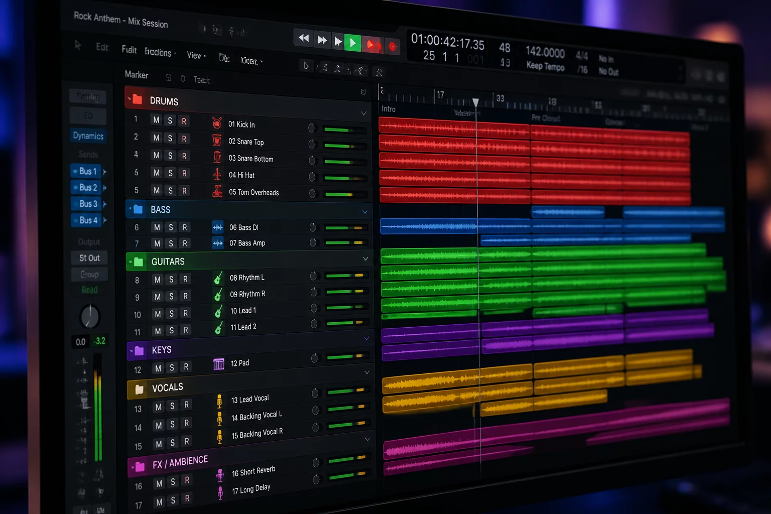 Session grouped into drum, bass, guitar, keys, vocal and effects folders