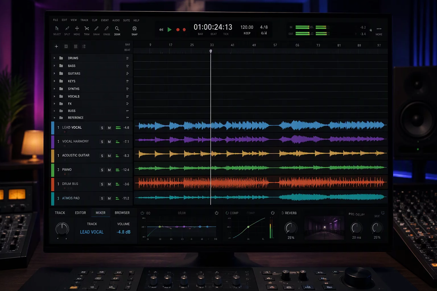 Pro Tools folder tracks collapsed to optimize screen real estate in a dense mixing session